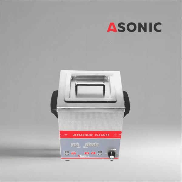 ASONIC 3L pulitore industriale a ultrasuoni con coperchio chiuso in acciaio inox per una pulizia precisa.