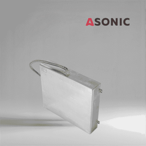 ASONIC IND-PLATE trasduttore a piastra ad ultrasuoni, design resistente in acciaio inox per applicazioni di pulizia industriale ad ultrasuoni.