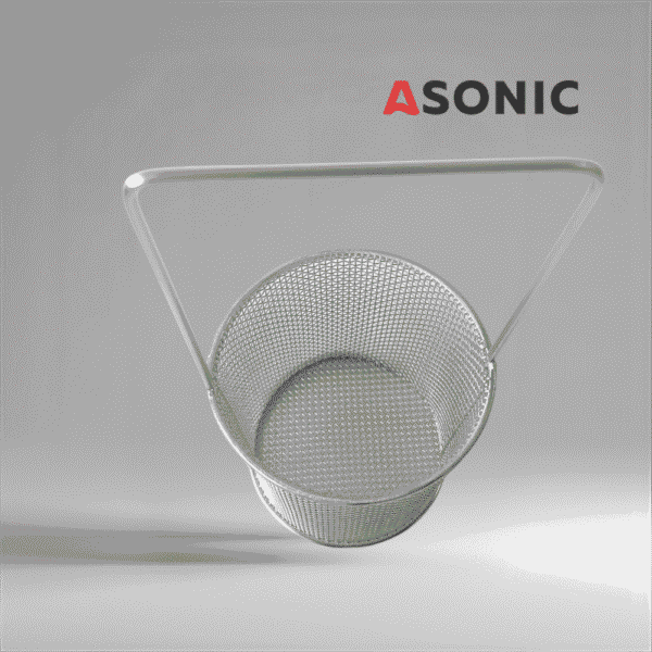 "ASONIC cestino rotondo inox Ø75mm con manico, comodo accessorio per i pulitori a ultrasuoni, ideale per i piccoli oggetti.