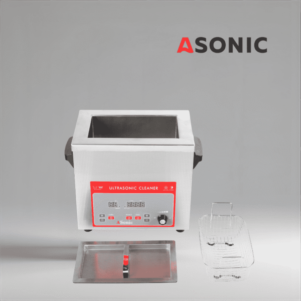 ASONIC IND-40 bagno a ultrasuoni compatto, ideale per la pulizia industriale su piccola scala e per l'uso in laboratorio.