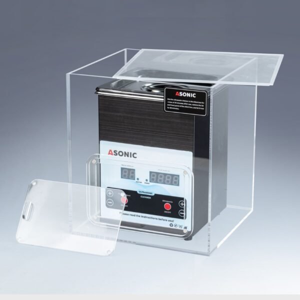 Cassetta silenziosa aperta con all'interno un pulitore a ultrasuoni ASONIC da 2 litri, progettato per ridurre il rumore durante il funzionamento