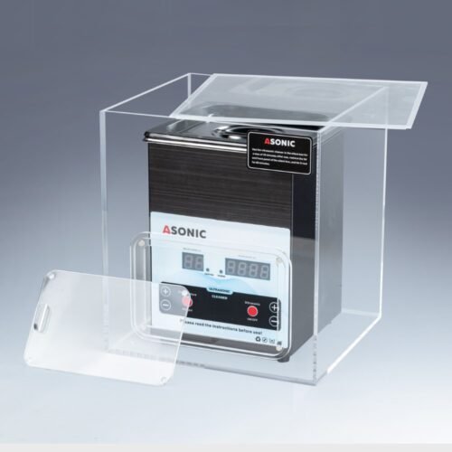 Scatola silenziosa aperta che mostra un pulitore a ultrasuoni ASONIC da 2 litri all'interno, progettato per ridurre il rumore durante il funzionamento.