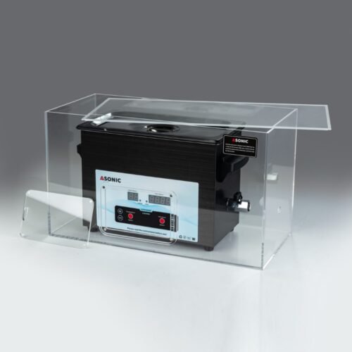 Scatola silenziosa aperta che mostra un pulitore a ultrasuoni ASONIC da 3L, illustrando il design di riduzione del rumore.