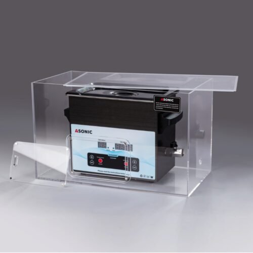 Scatola silenziosa aperta che mostra un pulitore a ultrasuoni ASONIC da 5L progettato per una pulizia professionale più silenziosa