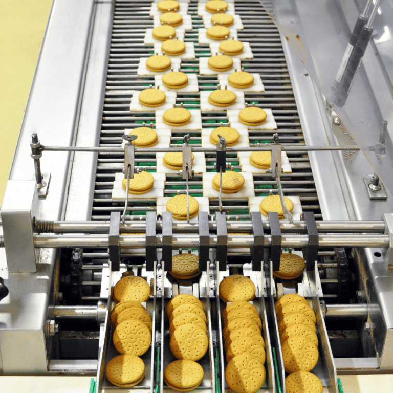 Biscuit sur une chaîne de production alimentaire représentant la manière dont le nettoyage par ultrasons maintient l'hygiène des pièces d'équipement.