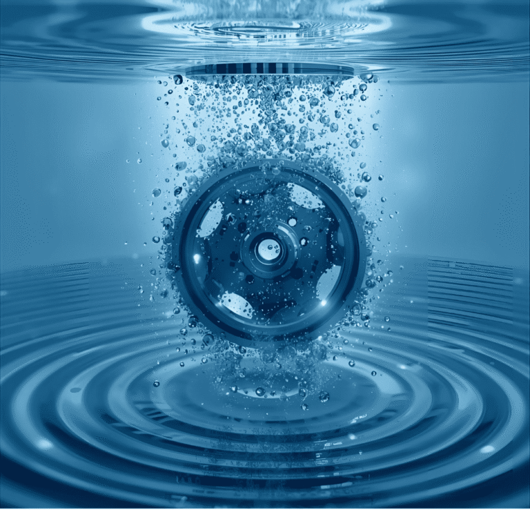 Engrenage métallique immergé dans une eau bleue avec des bulles symbolisant le nettoyage par ultrasons d'objets complexes.