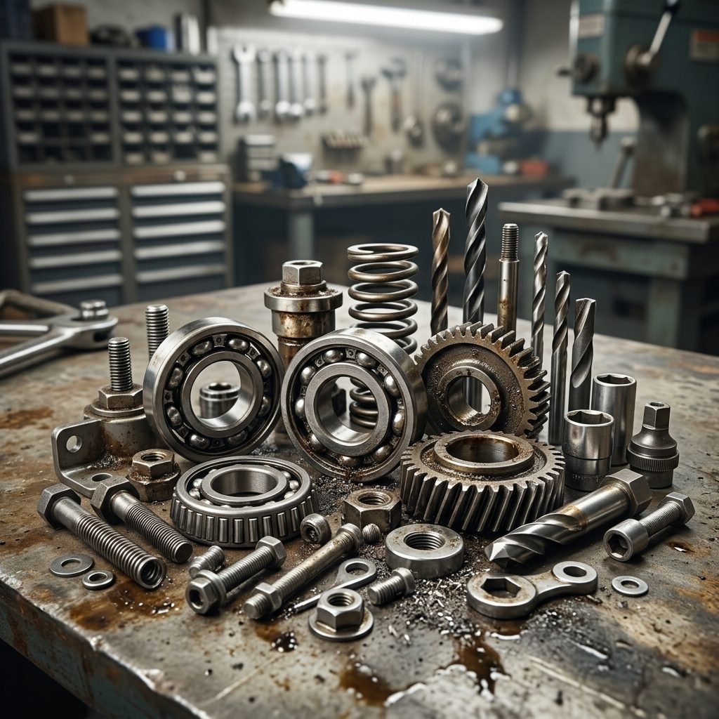 Roulements, engrenages et pièces mécaniques en atelier