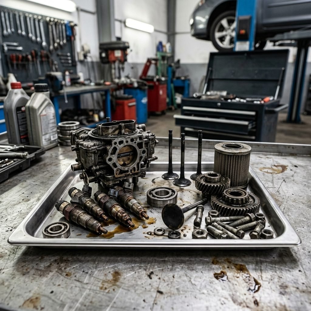 Pièces de moteur et carburateur dans un garage, prêts pour le nettoyage par ultrasons