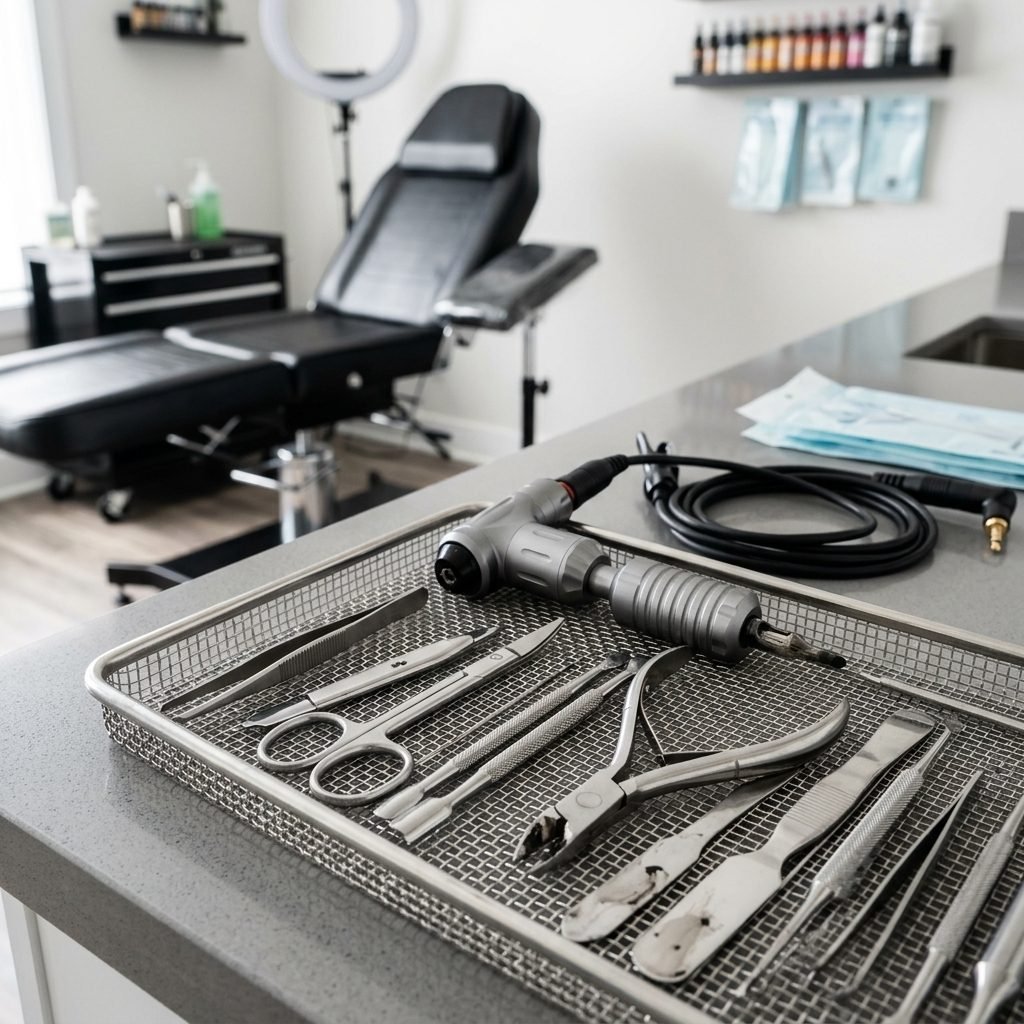 Instruments d’esthétique et de tatouage dans un panier de nettoyage par ultrasons